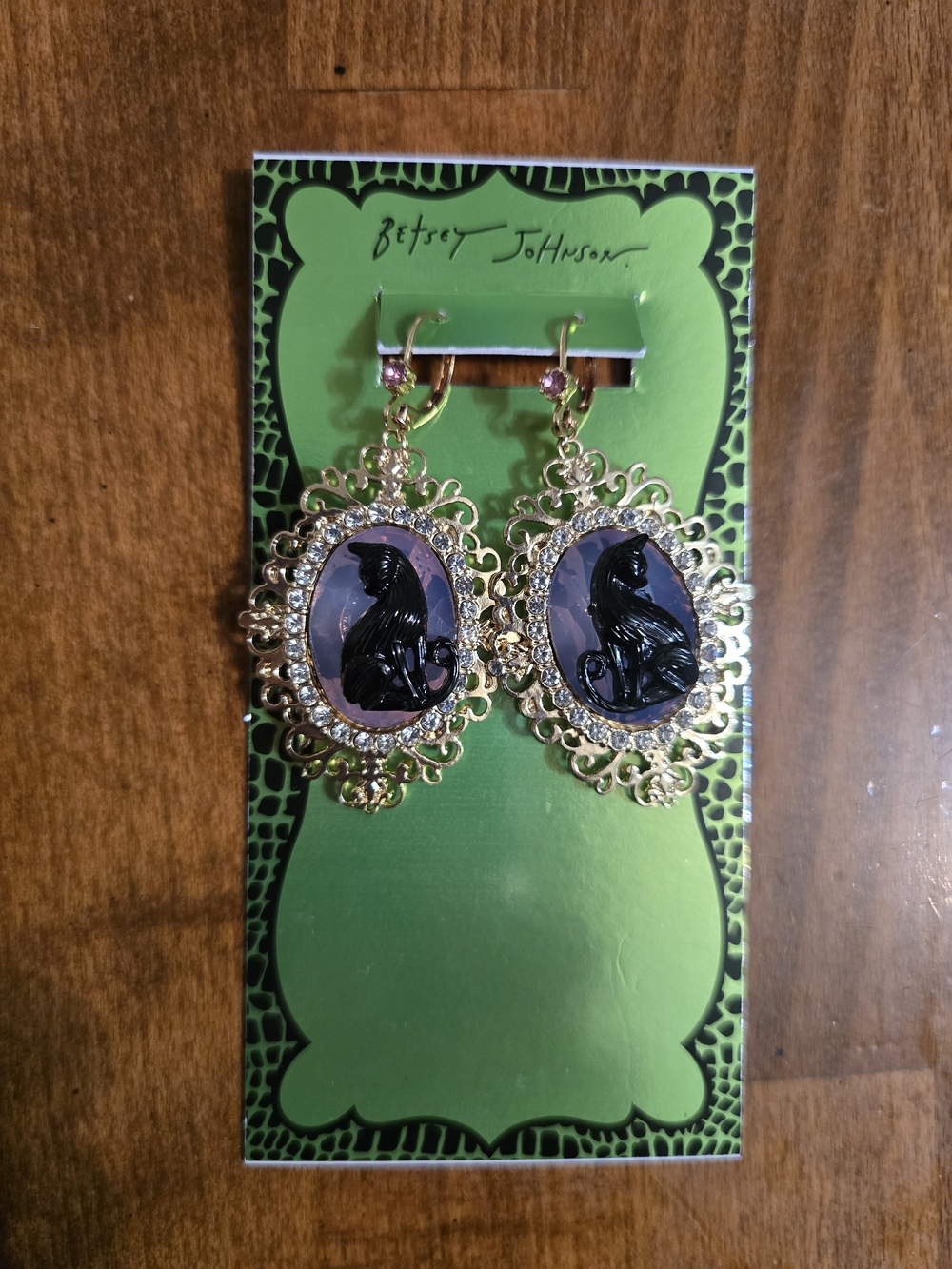 Betsey Johnson Gold & Black Cat Cameo Dangle Earrings with Purple Accents
